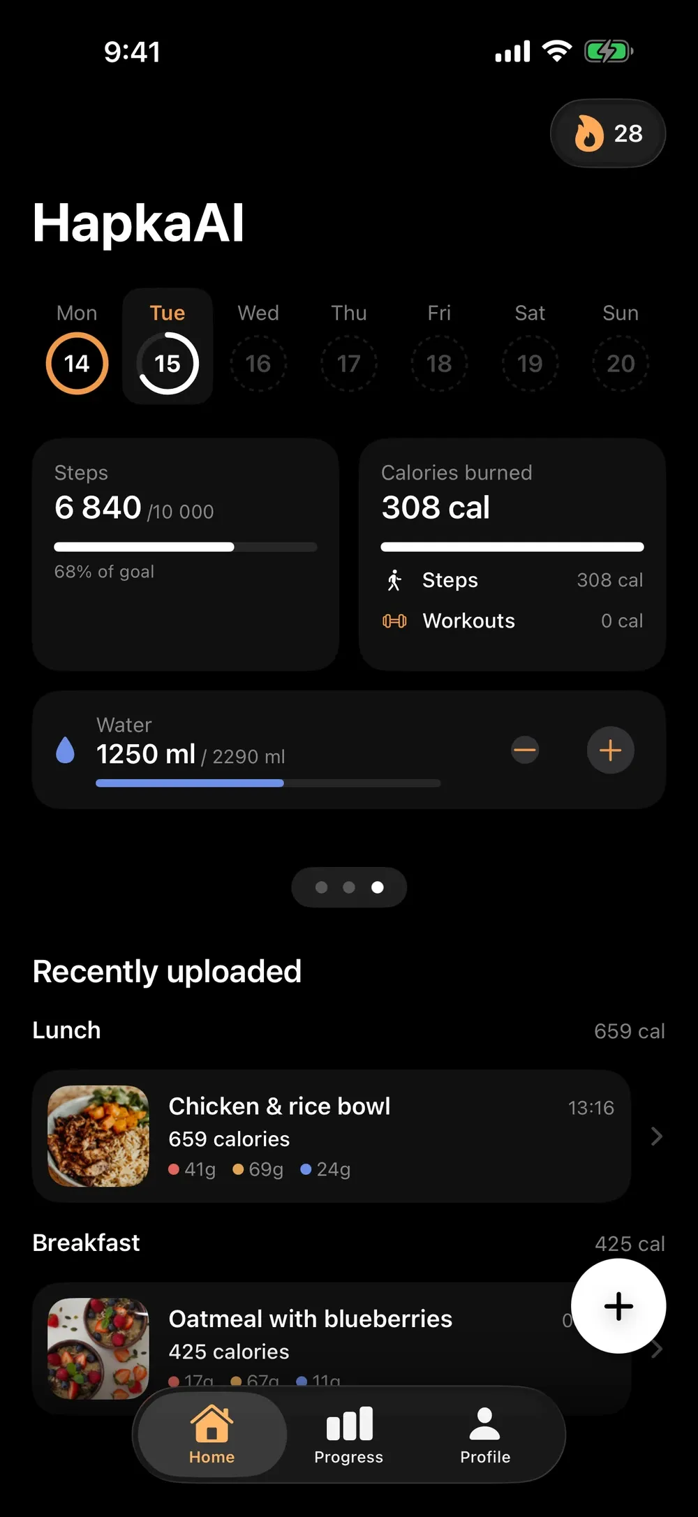 Steps, calories burned and water