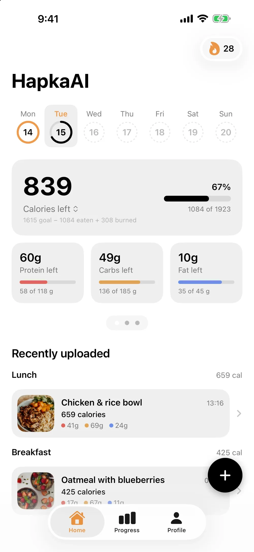 Hapka AI home screen: calories left, macros and today's meals