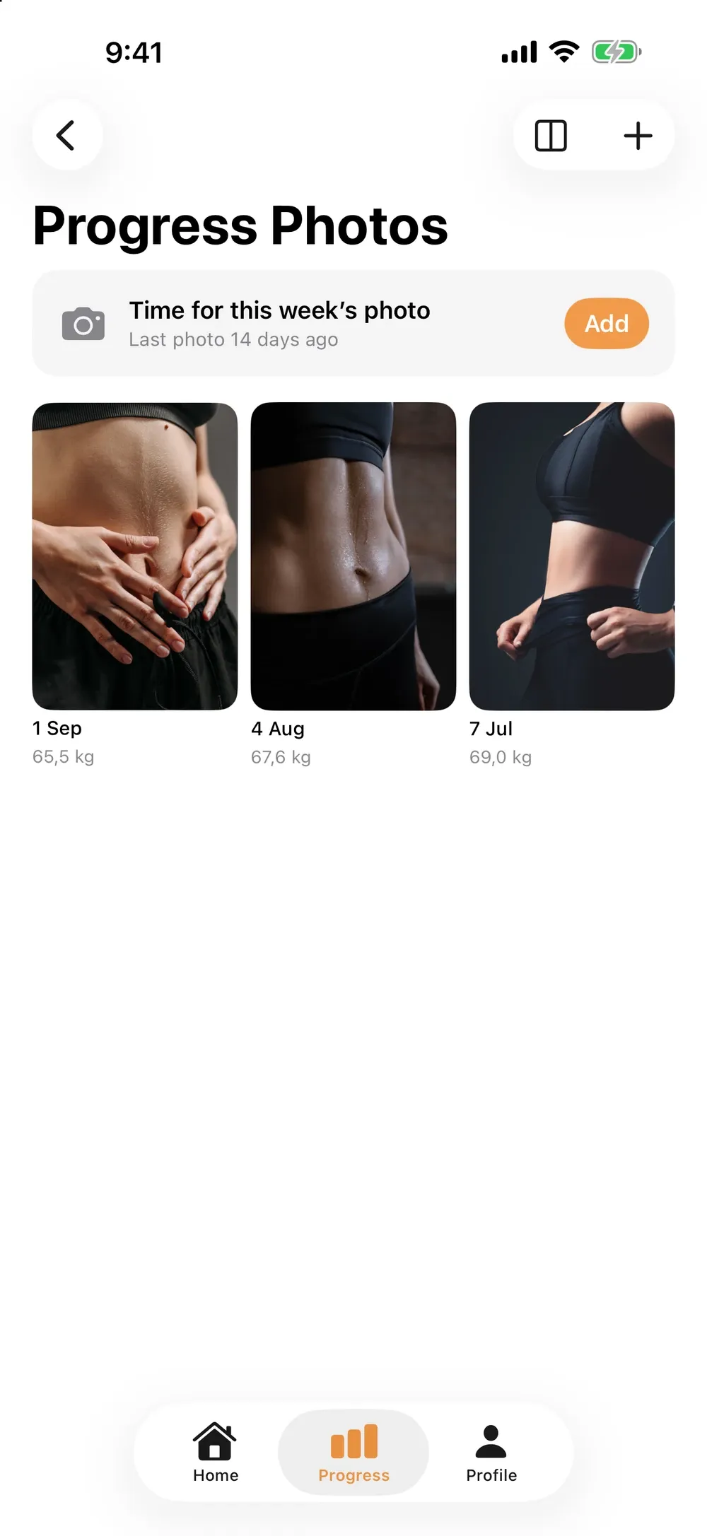 A grid of progress photos by date